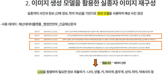 2.이미지 생성 모델을 활용한 실종자 이미지 재구성
						실종자의 사진과 정보(신체 정보,착의 의상)을 기반으로 생성 모델을 사용하여 예상 사진 생성
						- 사용데이터 :재난데이터플랫폼_행정안전부_긴급재난문자
						[서울경찰청]양천구에서 목격된 한명란씨 (여,53세)를 찾습니다 163cm/60kg 검정반팔(어깨부분 노란색),검정바지
						-> '찾습니다' 데이터 선정 -> LLM을 활용하여 필요한 정보 추출하기 : 나이,성별,키,머리색,몸무게,상의,하의,악세서리 등 