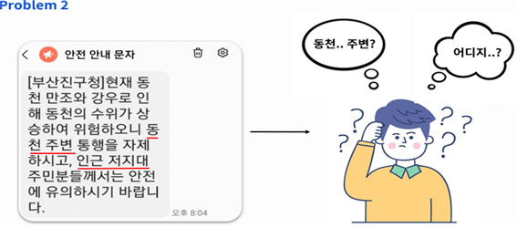 안전안내문자 [부산진구청] 현재 동천 마조와 강우로 인해 동천의 수위가 상승하여 위험하오니 동천 주변 통행을 자제하시고,인근 저지대 주민들께서는 안전에 유의하시기 바랍니다.
							-> 동천..주변? 어디지...?