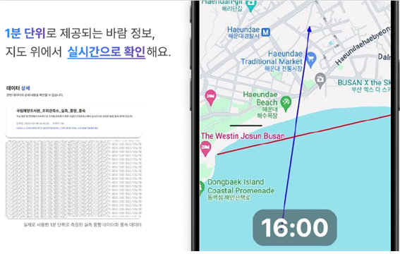 1분단위로 제공되는 바람 정보, 지도위에서 실시간으로 확인해요
							국립해양조사원_조위관측서_실측_풍향_풍속
